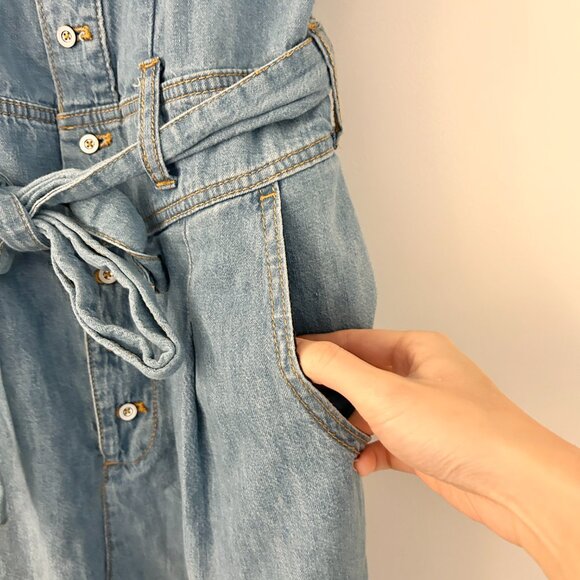 Anthropologie Pilcro Chambray Denim Puff Sleeve Jumpsuit Size 8 - Picture 6 of 12